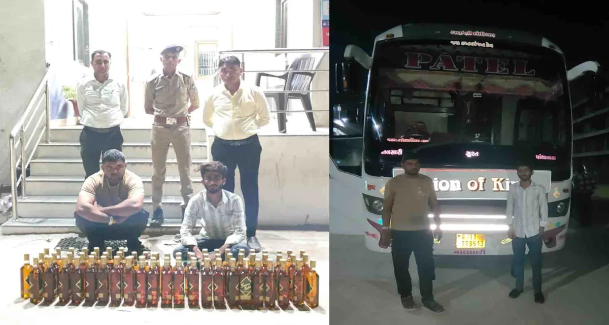 પાલનપુર એરોમા સર્કલ પાસે લક્ઝરી બસમાંથી વિદેશી દારૂ સાથે બે શખ્સો ઝડપાયા